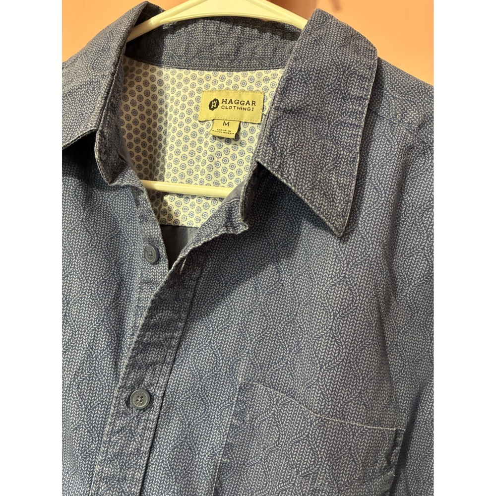 Haggar Clothing Mens M Blue Geometric Button Up Shirt 100% Cotton Long Sleeve